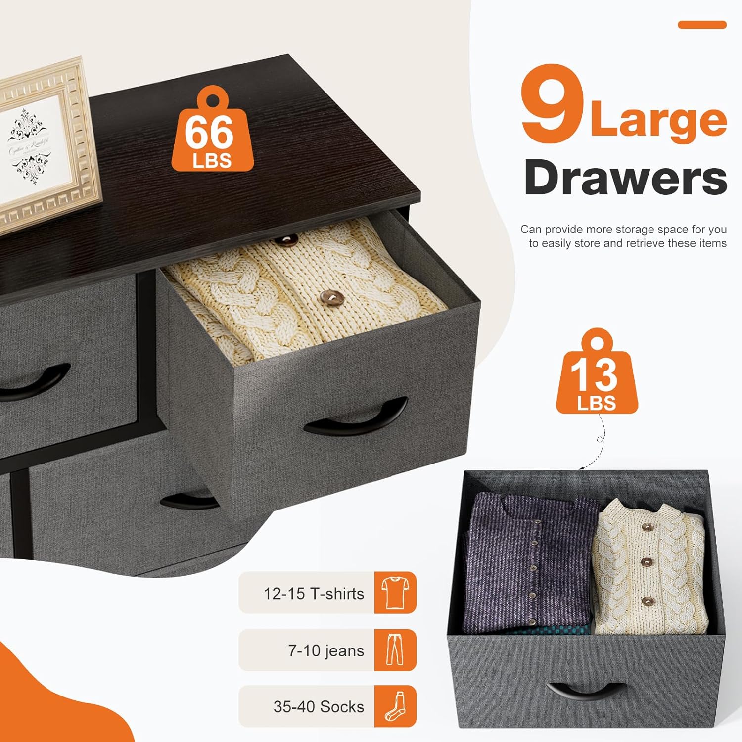 Sweetcrispy 9-Drawer Fabric Dresser Storage Tower with Wood Top and Steel Frame, Organizer Chest with Easy Pull Handles for Bedroom, Closet, Hallway,Modern Gray